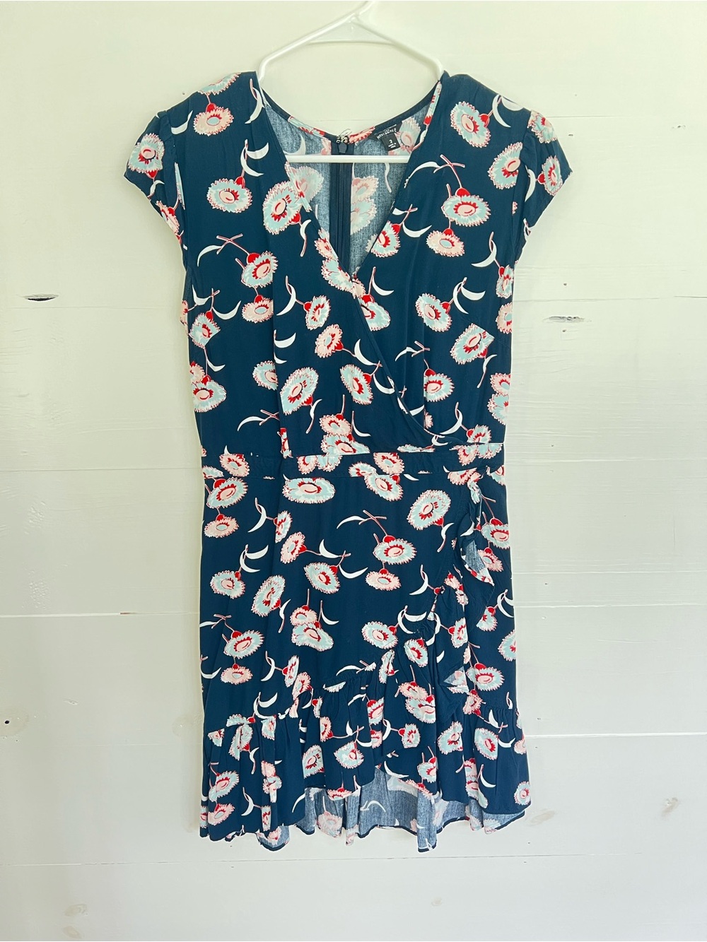J. Crew Navy Floral Wrap Mini Dress with Red & White Accents